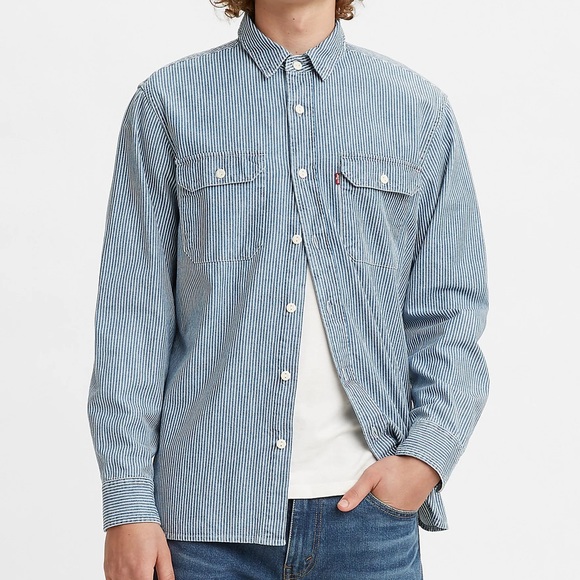 Vintage Levi’s Classic Workers Shirt Shacket Hickory Striped Rinse Button Up - Picture 4 of 12